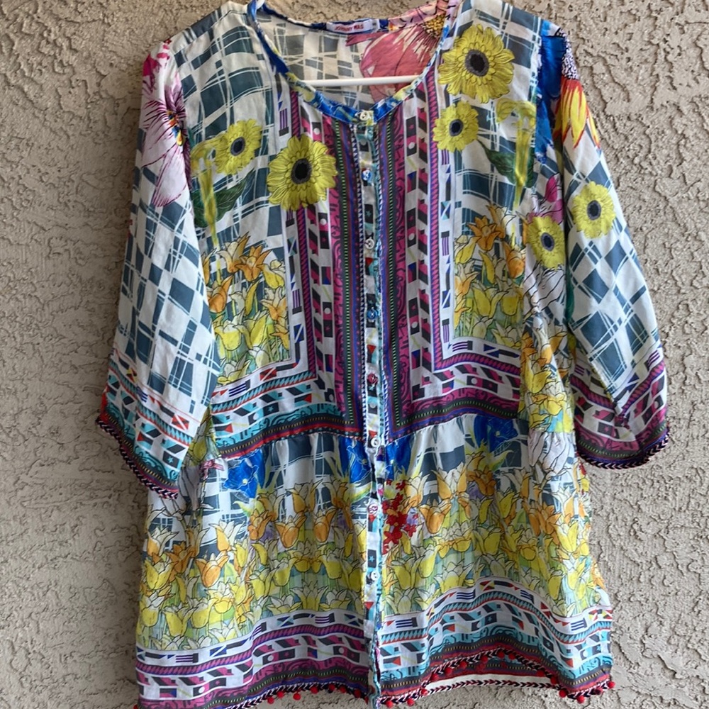Johnny was, small floral vibrant button down silk blouse